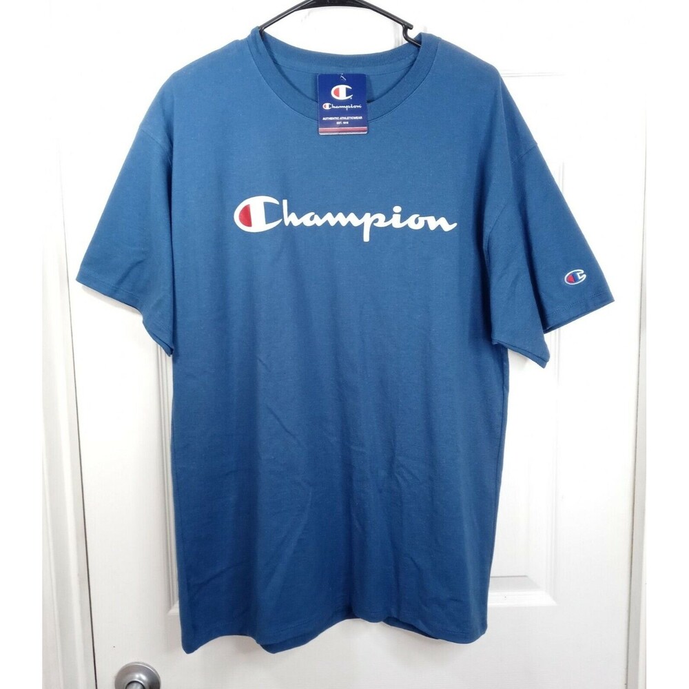 Champion Regal Navy Short Sleeve Cotton Logo T Shirt Men Sz L